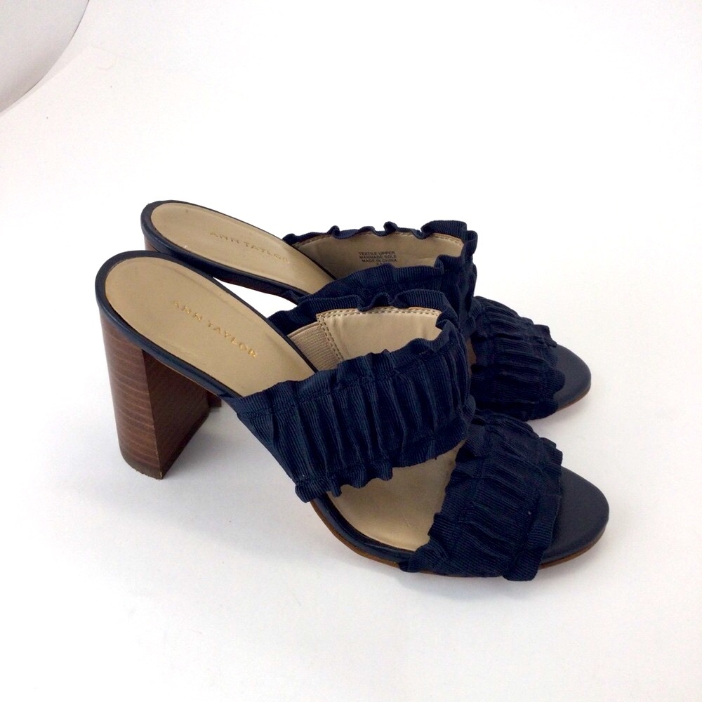 Ann Taylor Hartley Ruffle Navy Blue Heeled Sandals womens
